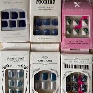 Set of 6 Press-On Nails for Toes in Blue Hues w/nail glue and emory boards